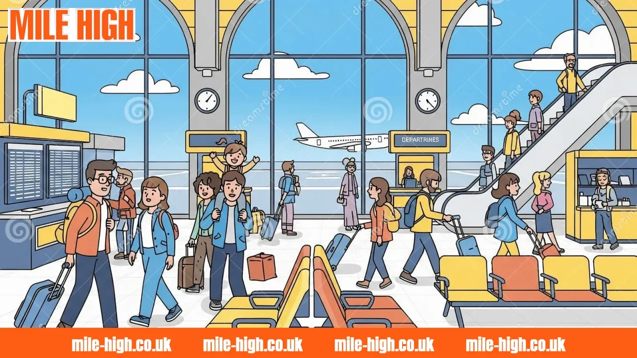Airport scenes showing terminal design, passengers, and essential travel elements